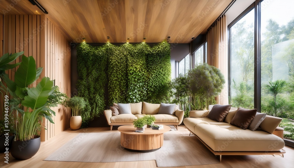 Obraz premium Biophilic family room featuring indoor vertical garden and natural wood accents