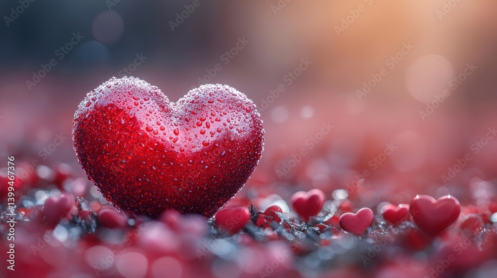 Romantic red heart with water droplets, amidst a field of small hearts, sunrise background. Possible use Valentine's Day card, love concept Romantic red heart with water droplets, amidst a field of small hearts, sunrise background. Possible use Valentine's Day card, love concept