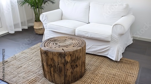 A rustic, circular wooden coffee table with intricate design. photo