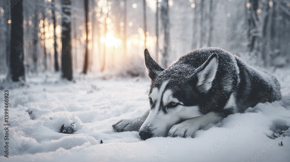 Naklejka premium A Husky rests peacefully in a snowy woodland, the soft light illuminating its fur - woodland muzzle nature dog brown