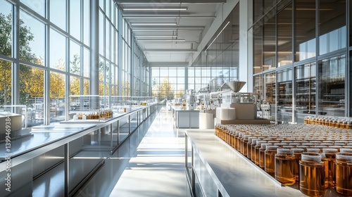 Modern, bright, spacious laboratory with large windows.  Numerous workbenches, machinery, and containers are visible
