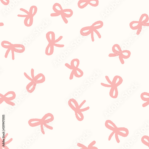 Abstract vector seamless pattern with cute bow knots. Hand drawn repeated illustration with simple flat silhouettes of ribbon bows. Ornament for surface design, background. Allover doll core print