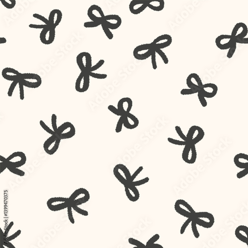 Abstract vector seamless pattern with cute bow knots. Hand drawn repeated illustration with simple flat silhouettes of ribbon bows. Ornament for surface design, background. Allover doll core print