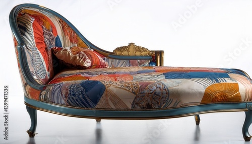 A Victorian-style chaise lounge upholstered in bold modern graphic fabric