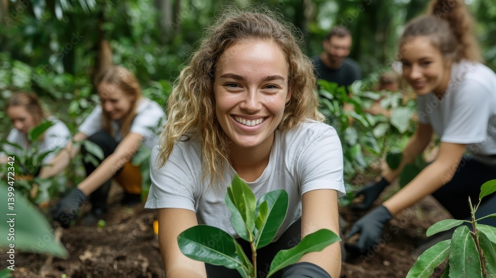 Fototapeta premium A heartwarming scene of dedicated volunteers joyfully planting trees in a reforestation project, emphasizing community commitment to environmental conservation.