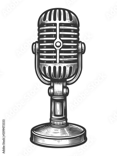 retro microphone on a stand, perfect for music, podcasts, or broadcasting themes sketch engraving generative ai vector illustration. Scratch board imitation. Black and white image.