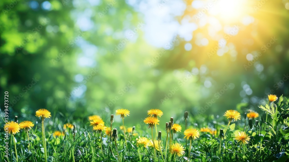 Obraz premium Sunny Meadow Dandelions, Springtime Forest Background