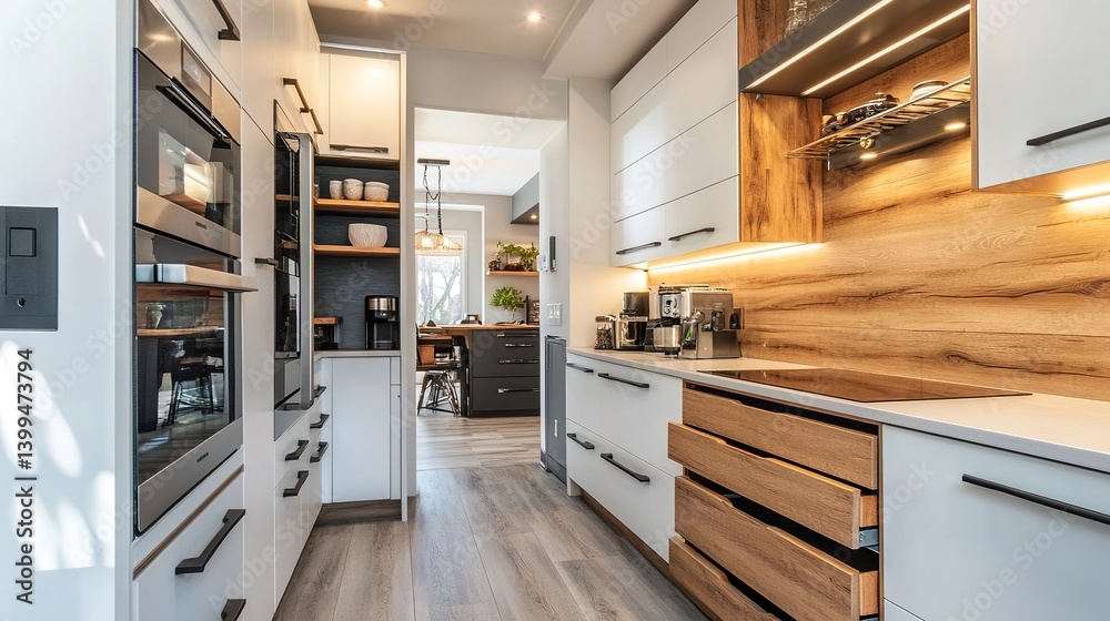 Fototapeta premium Efficient storage in small kitchen with pull-out drawers and cabinets
