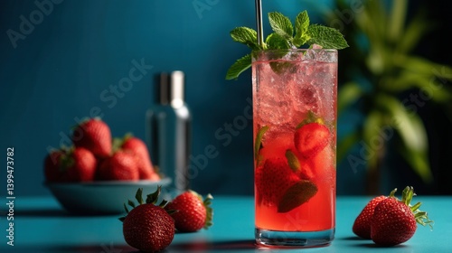 Refreshing strawberry mojito cocktail on teal background