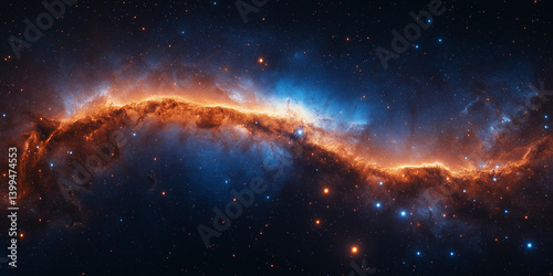 High-resolution astrophotography: a cosmic landscape of orange and blue nebulae with scattered stars in deep space