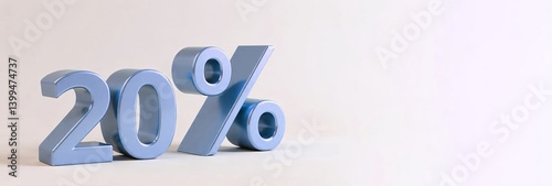 Banner with blue metallic 20 percent sign. The concept of return on investment and discounts, space for text to the right