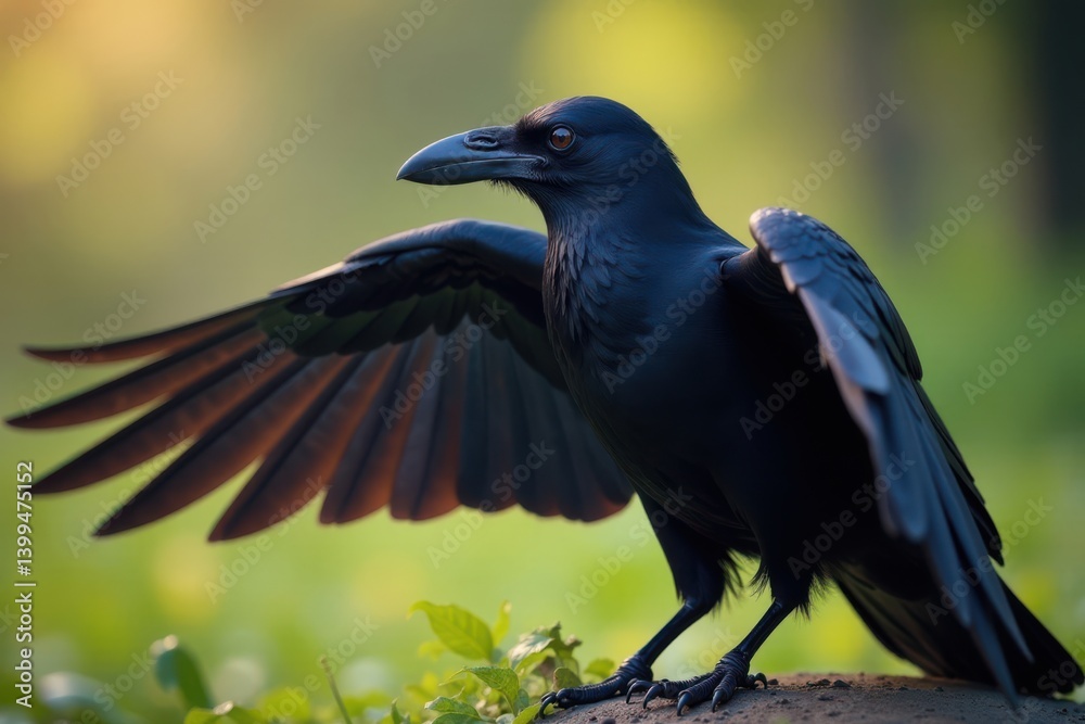 Crow in profile, wings spread wide, isolation, wings Crow in profile, wings spread wide, isolation, wings