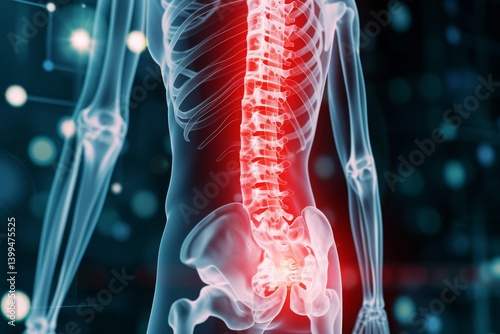 Understanding lower back pain represented with highlighted areas showing discomfort along the spine in a digital anatomy depiction to aid awareness and education about pain management strategies