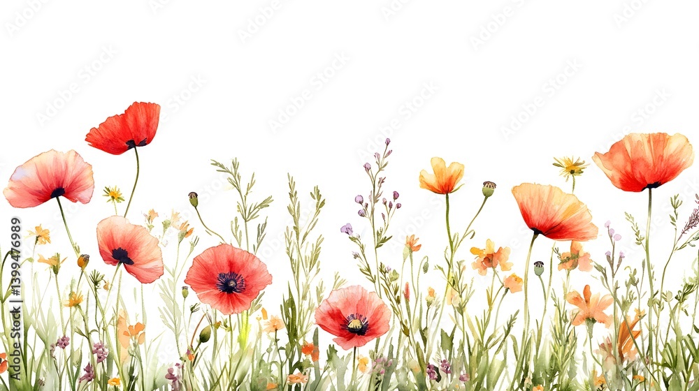 Fototapeta premium A dreamy spread of poppies and wildflowers dancing among wispy grasses, painted in loose, translucent strokes on white.