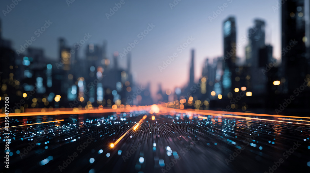 Fototapeta premium Blurred city skyline at night with light streaks and bokeh effect creating a futuristic feel