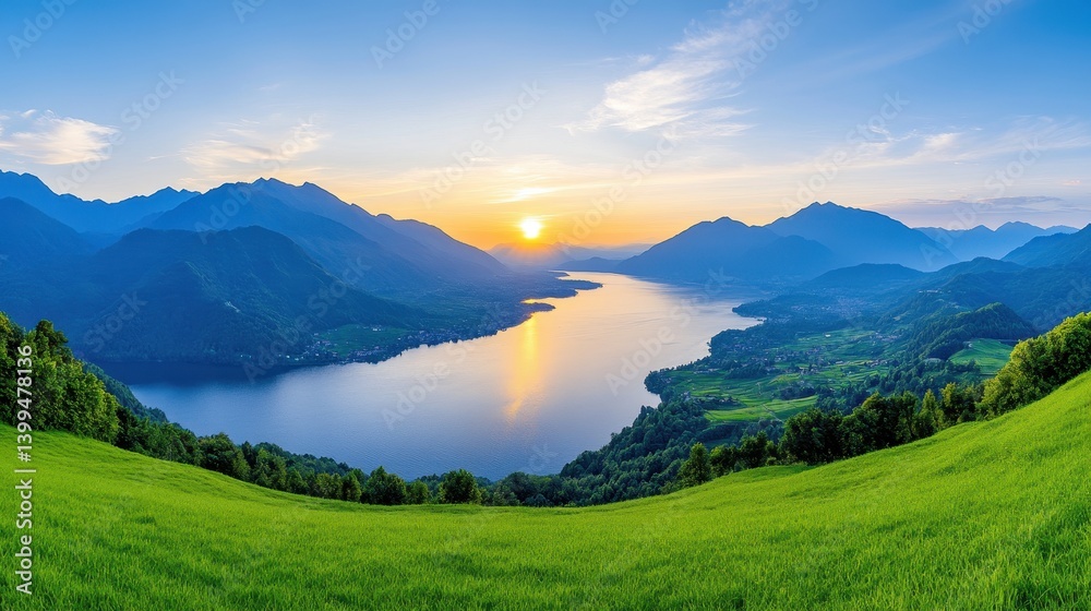 Fototapeta premium Panoramic View of a Serene Sunset over a Lake and Mountains with Lush Green Hills in the Foreground