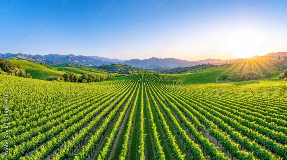 Panoramic View of a Summer Vineyard at Sunset, Lush Green Rows of Grapes and Rolling Hills Under a Vibrant Sky Panoramic View of a Summer Vineyard at Sunset, Lush Green Rows of Grapes and Rolling Hills Under a Vibrant Sky