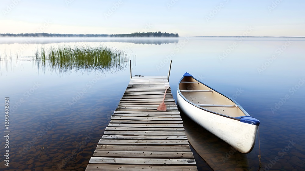 Naklejka premium Peaceful morning on a serene lake with a canoe docked at a wooden pier.