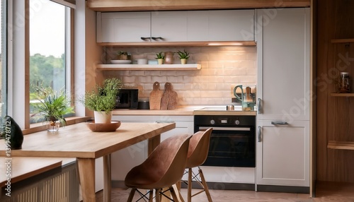 Tiny kitchenette with space-saving fold-down dining table