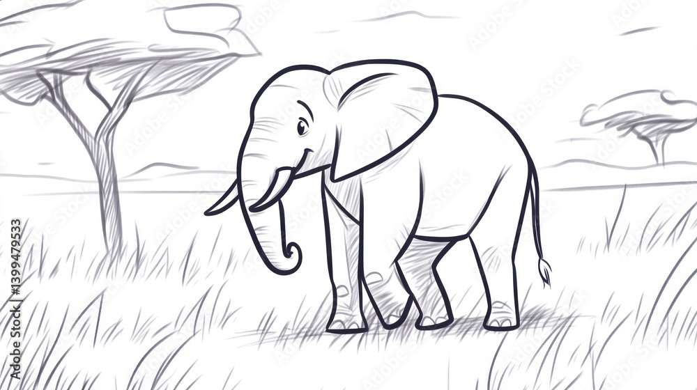 Fototapeta premium Simple black and white illustration of an elephant in a savanna landscape. Suitable for coloring books or educational materials