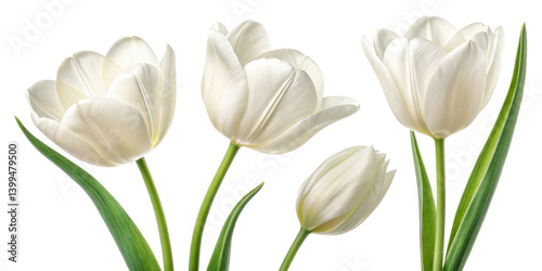 Beautiful white tulips bloom gracefully, showcasing their delicate petals and vibrant green stems, perfect for any floral arrangement