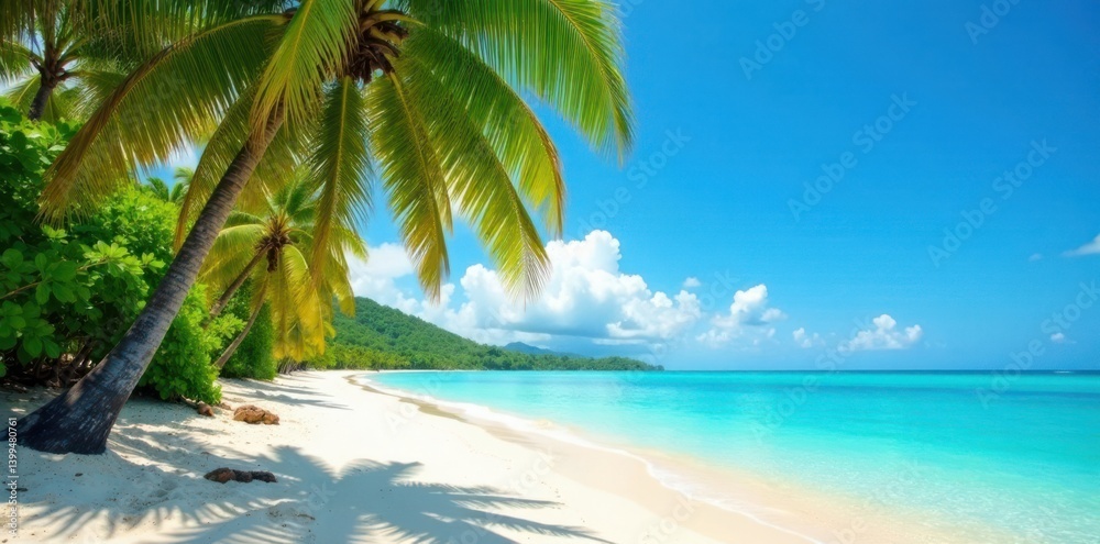 Fototapeta premium Palm tree-lined beach with sandy shore and turquoise ocean, beach scene, ocean