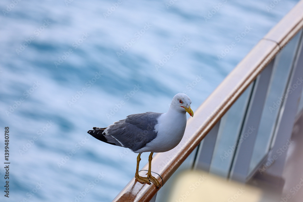 Obraz premium A European herring gull standing on the rail of a cruise ship searching for food.