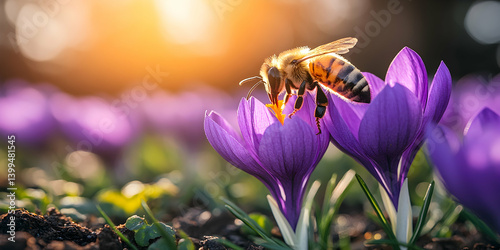 A bee on a purple crocus flower drinks nectar on a sunny day in spring