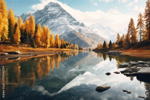 A tranquil mountain lake reflects autumn colors with golden trees and majestic peaks under a clear sky, creating a peaceful setting for relaxation and nature appreciation