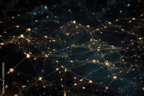 Intricate digital lines and dots create a captivating network representation showcasing the beauty of data connections in a futuristic setting during nighttime