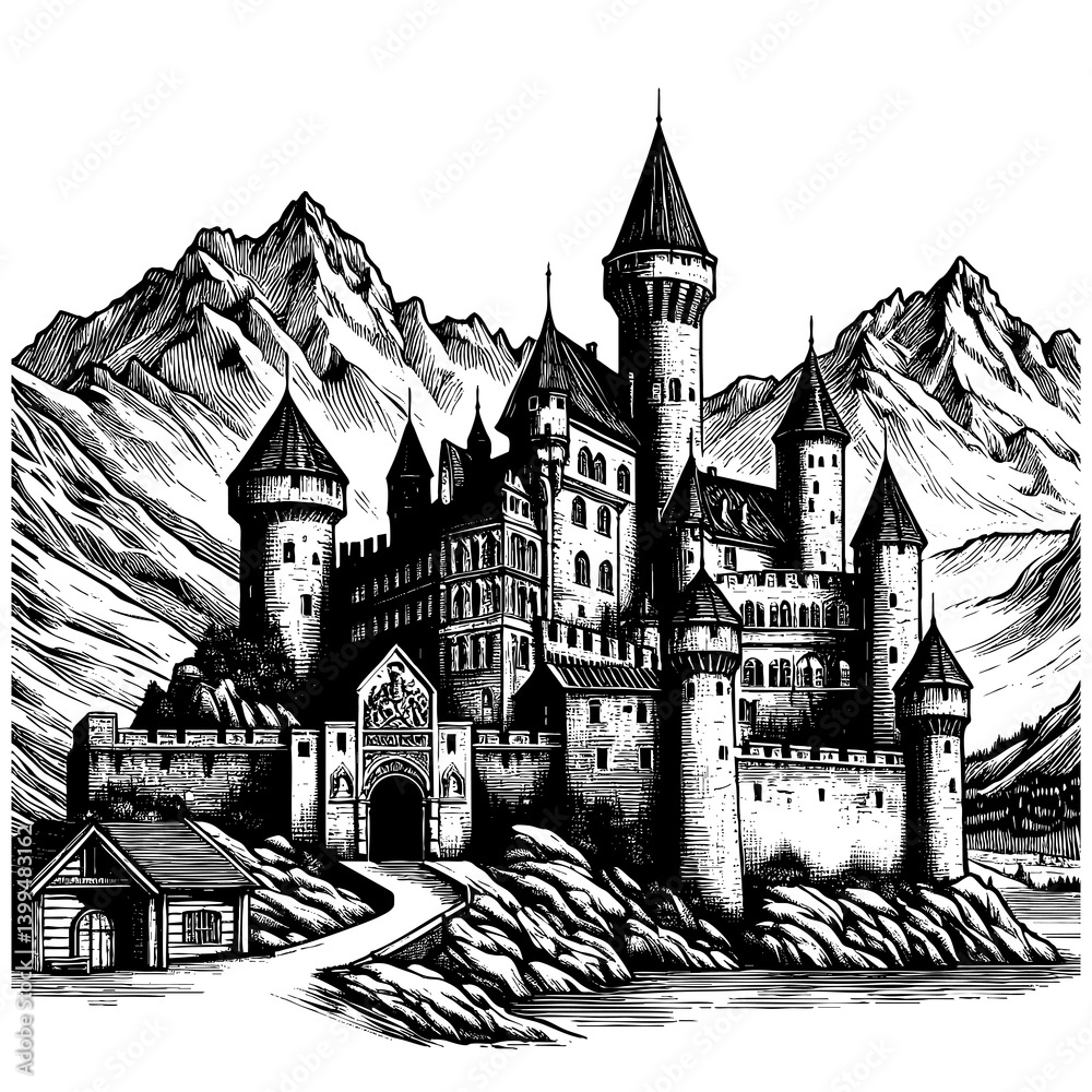 Fototapeta premium grand medieval castle nestled among Alpine mountains, architectural details in classic etching style sketch engraving generative ai PNG illustration. Scratch board imitation. Black and white image.