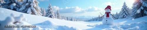 Snowy landscape with happy snowman in the distance, surrounded by trees and a bright blue sky ,  winter scenery,  whiteout