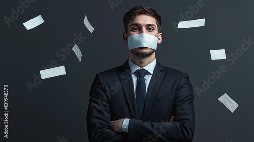 A young businessman stands against a grey background, with white tape covering his mouth. Floating letters around him symbolize the concept of the right to control speech or a hidden message. This is 