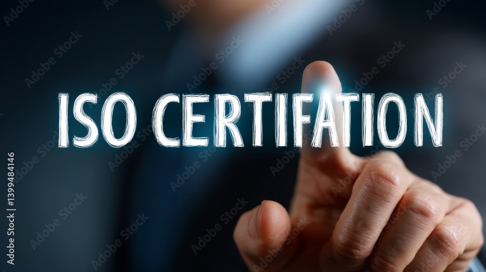 Businessman Pointing at ISO Certification Text in Soft Focus Background Businessman Pointing at ISO Certification Text in Soft Focus Background