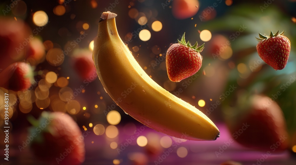 Vibrant Floating Banana and Strawberries in Magical Light