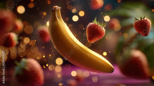 Obraz na płótnie Vibrant Floating Banana and Strawberries in Magical Light w salonie