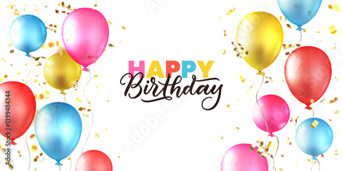 Birthday banner poster design with realistic 3d air balloons. Vector holiday anniversary party decoration background