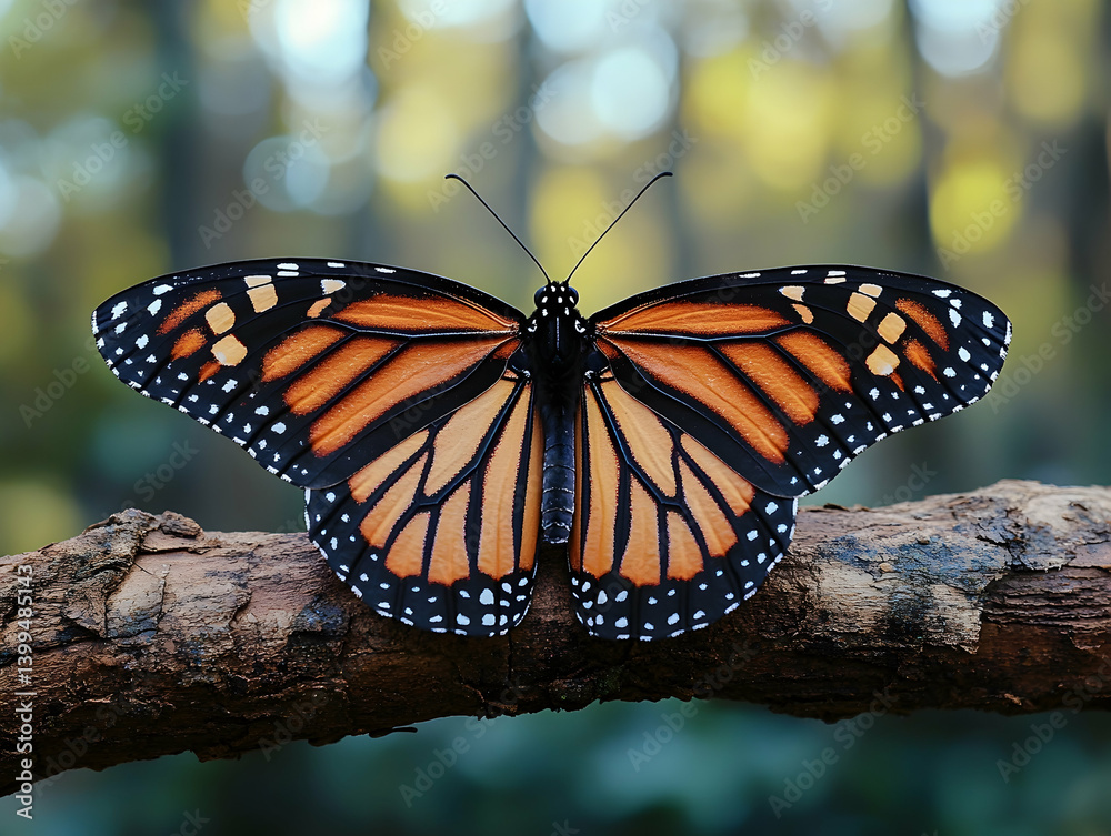 Fototapeta premium A butterfly with orange black and white wings rests on a weathered branch with a soft bokeh background