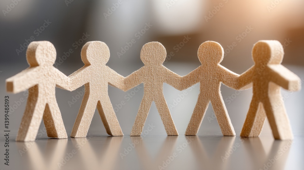 Wooden figures of diverse people holding hands in a creative concept