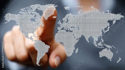 Person Touching World Map Graphic with Dots on Digital Screen