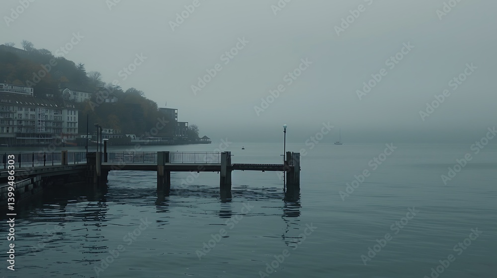 Fototapeta premium A misty harbor pier on a cloudy day.