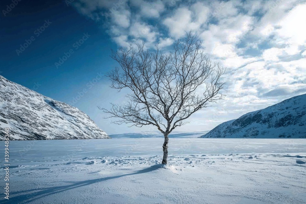 Obraz premium Lonely winter tree standing in open snowy landscape with blue sky background
