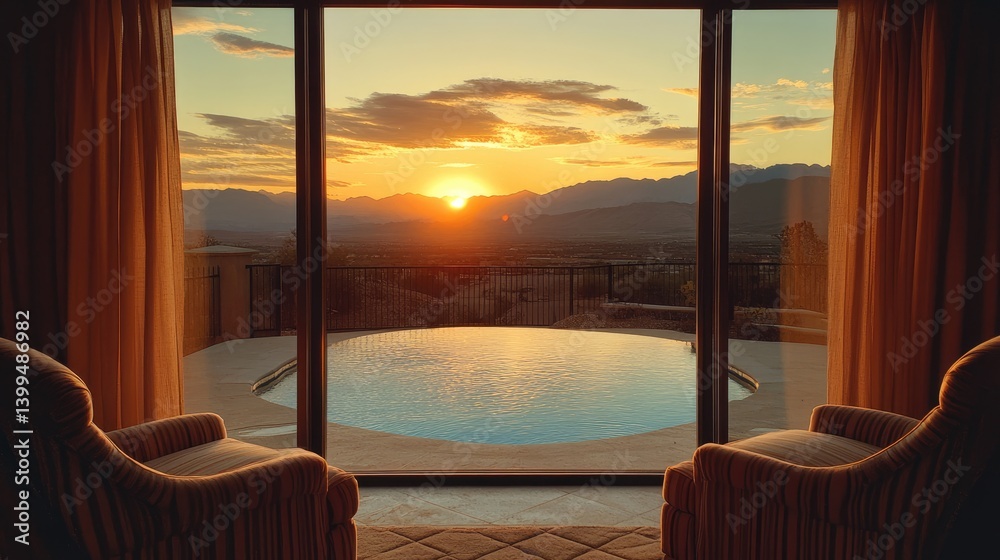 Fototapeta premium Automated curtain moving silently over sliding glass doors during sunset