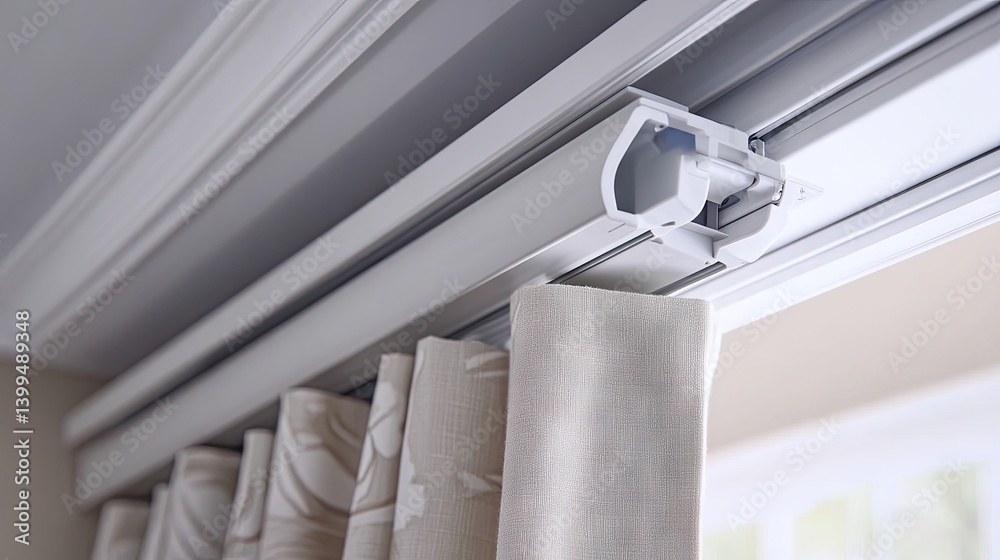 Drapery track system for motorized curtains shown from underneath in close-up