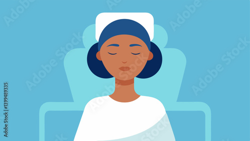 Relaxed Client A person reclining in the treatment chair with closed eyes wearing a headband and looking peaceful during the cryofacial therapy.
