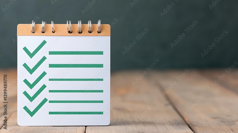 List Notepad with Check Marks on Wooden Table, Project Completion or Task Done.