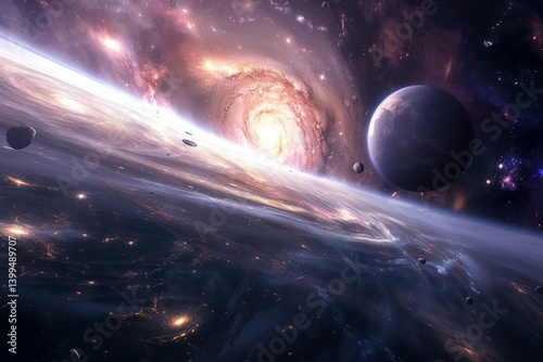 Exploring a vibrant galaxy filled with colorful planets and cosmic phenomena under a starry universe at the edge of infinity