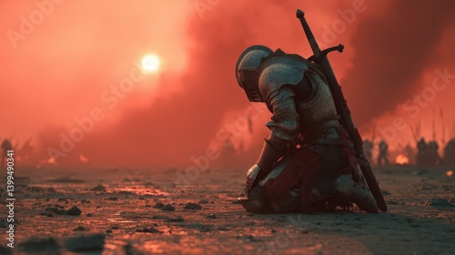 Medieval Knight Kneeling in Sorrow After Battle Sunset Battlefield Warrior