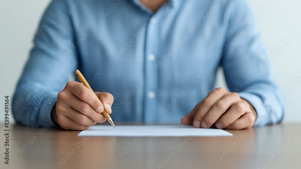 Man in Blue Shirt Writing on Paper with a Pen on Wooden Desk Surface.