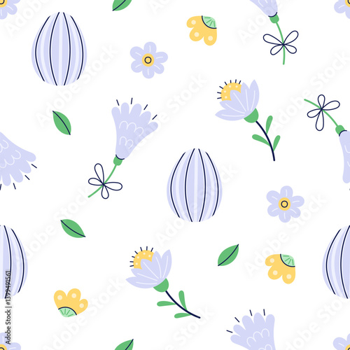 Happy Easter seamless pattern with flowers and painted eggs on white background. Happy Easter hand drawn card. Flat illustration with partial outline. Vector illustration.